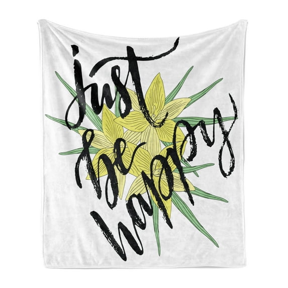 Be Happy Soft Flannel Fleece Throw Blanket, Just Be Happy Paintbrush Lettering on Yellow Blossoms Green Leaves, Cozy Plush for Indoor and Outdoor Use, 70" x 90", Black Yellow Pale Green, by Ambesonne