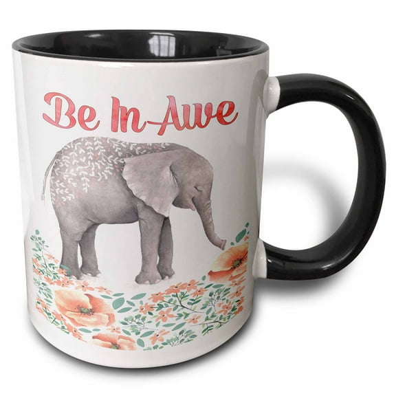 3drose, Be in Awe with a Cute Watercolor Floral Elephant, 15oz Two-tone Black Mug