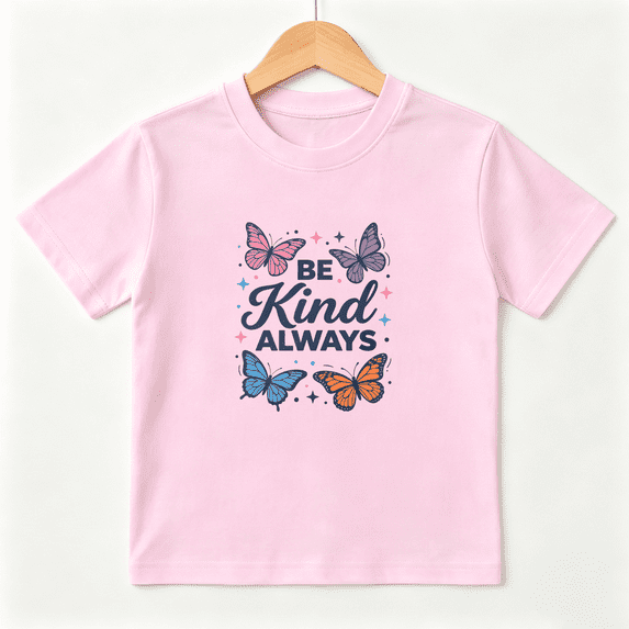Be Kind Always Butterfly Girls Graphic Tee, Retro Aesthetic 100% Cotton Kids Short Sleeve T-Shirt