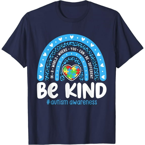 Be Kind Autism Awareness Rainbow In April We Wear Blue Ribbon Unisex T-Shirt for Men Women Kids Toddler,Navy Color,Size 2XL