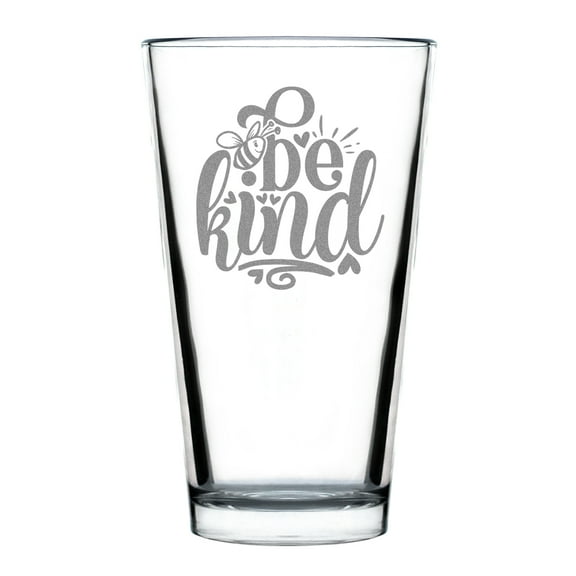 Be Kind Bee Glass, Hand Engraved Pint 16oz Standard Etched Art Eco Friendly Gift, Insect Themed Drinkware