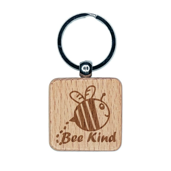 Be Kind Bumble Bee Kindness Square Keychain Charm Tag - Engraved Wood