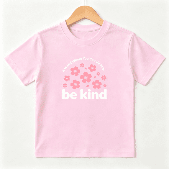 Be Kind Cherry Girls Graphic Tee, Cute Floral Sakura Blossom 100% Cotton Kids Short Sleeve T-Shirt