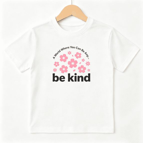 Be Kind Cherry Girls Graphic Tee, Cute Floral Sakura Blossom 100% Cotton Kids Short Sleeve T-Shirt