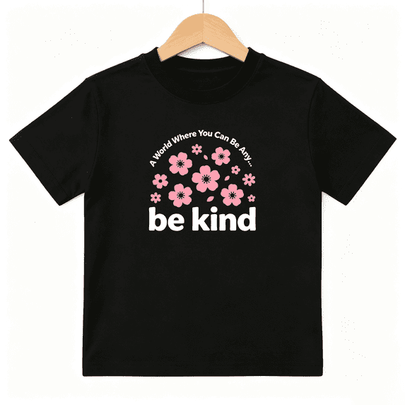 Be Kind Cherry Girls Graphic Tee, Cute Floral Sakura Blossom 100% Cotton Kids Short Sleeve T-Shirt