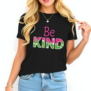 YIDUO Be Kind Graphic Cotton Short Sleeve T-Shirt for Women - Vibrant Pink & Green Splatter Design on Black