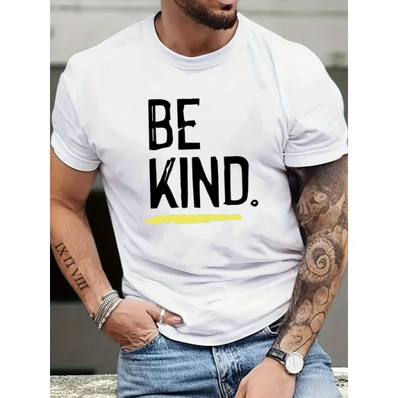 Be Kind" Graphic Men's T-Shirt - Casual Crew Neck, Soft Polyester Blend, Perfect for Spring & Summer