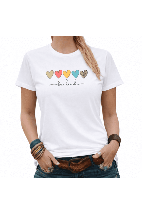 Be Kind Leopard Print Hearts Graphic Tees Womans Tshirt Shirts White/Black S-5XL Tops
