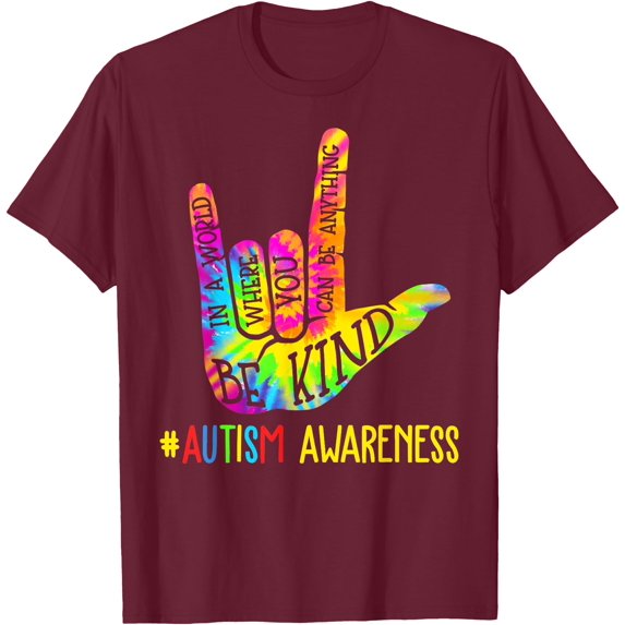 Be Kind Love Sign Hand Language Autism Awareness Tie Dye Unisex T-Shirt for Men Women Kids Toddler,Maroon Color,Size 3T