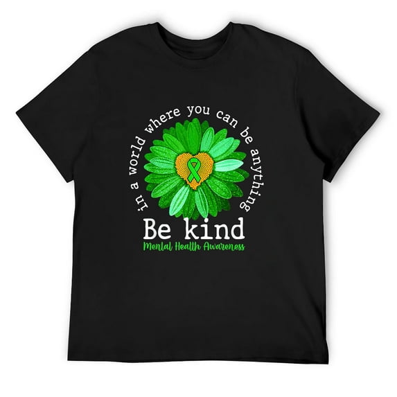 Be Kind Mental Health Awareness Green Sunflower Ribbon Men T-Shirt Black 2X-Large