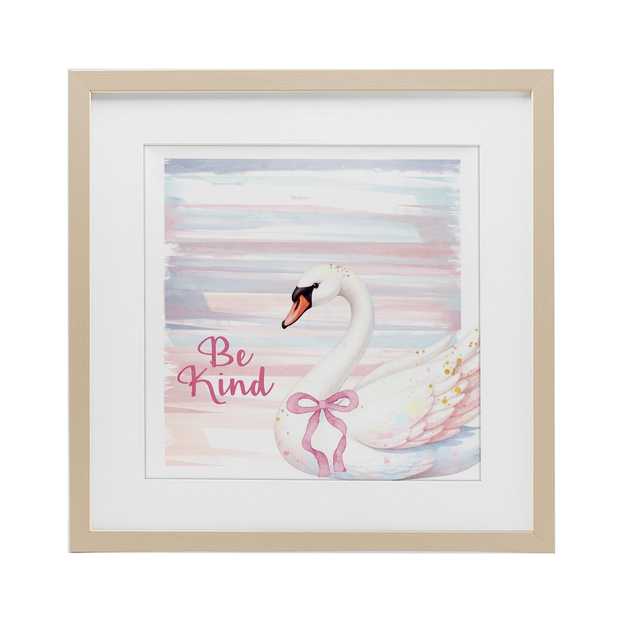 Be Kind Pastel Swan Birch Framed Print Under Glass, design by Kim Allen