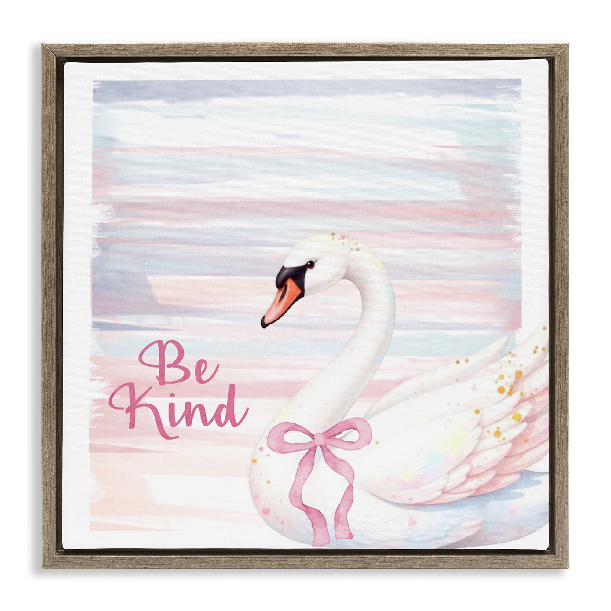 Be Kind Pastel Swan Brown Framed Floater Canvas Wall Art, design by Kim Allen