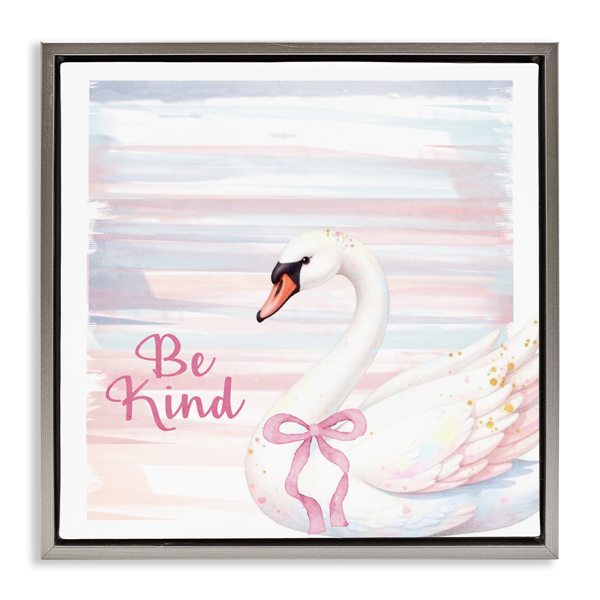 Be Kind Pastel Swan Gray Framed Floater Canvas Wall Art, design by Kim Allen