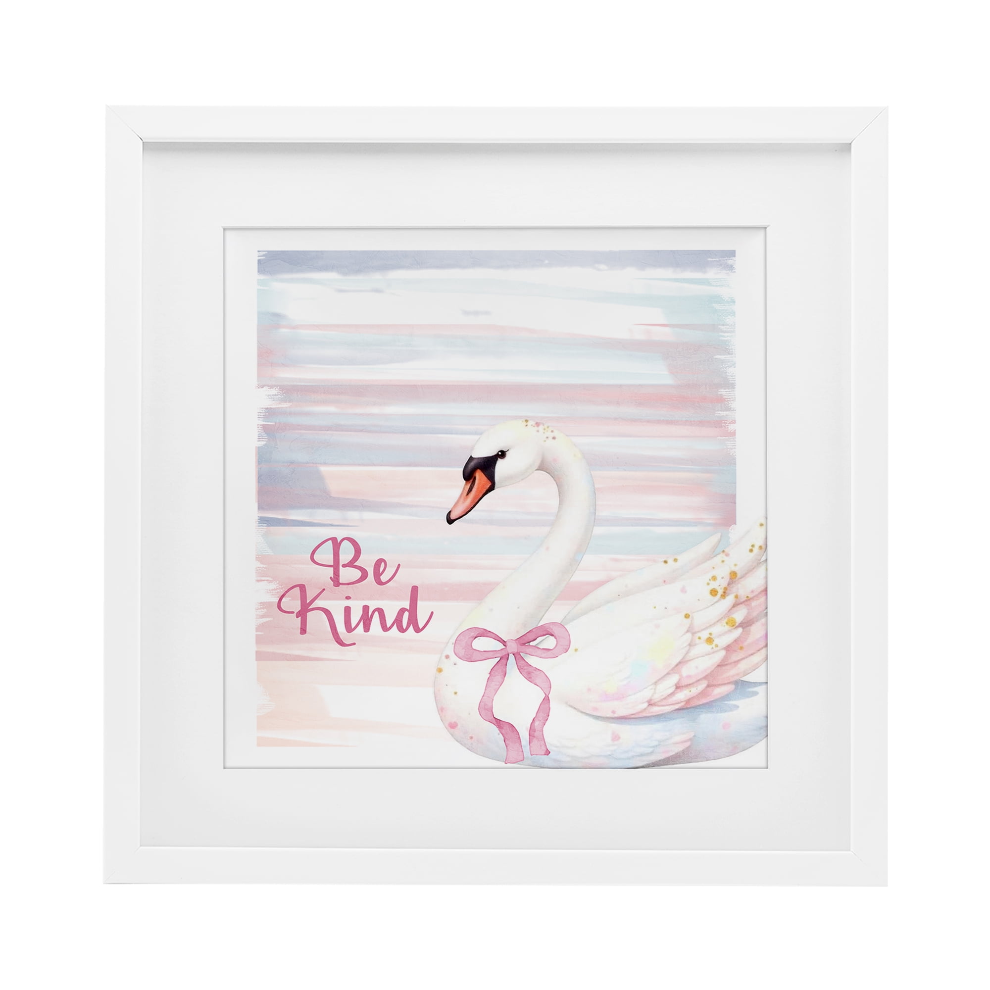 Be Kind Pastel Swan White Framed Print Under Glass, design by Kim Allen