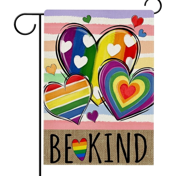 Be Kind Rainbow Love Heart Garden Flag Double Sided, LGBTQ Gay Lesbian Decorative Yard Outdoor Home Pride Month Small Decor, LGBT Bisexual Pansexual Retro Burlap Outside House Decoration 12.5x18