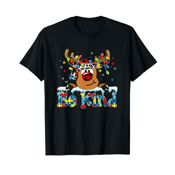 Be Kind Reindeer Red Plaid Puzzle Autism Awareness Christmas T-Shirt Black Tee