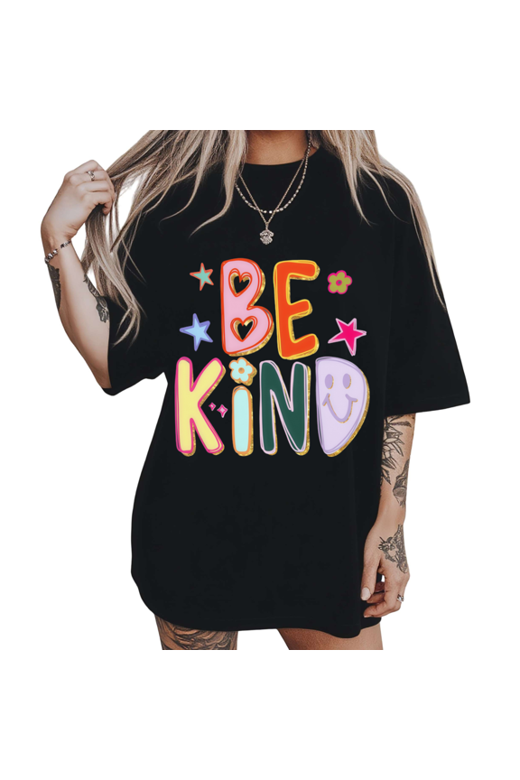 Be Kind Smiley Stars Print Tshirt Black S-5XL Kind Graphic Tees Shirts Tops
