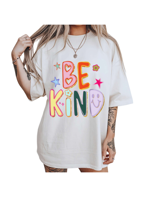 Be Kind Smiley Stars Print Tshirt White S-5XL Kind Graphic Tees Shirts Tops