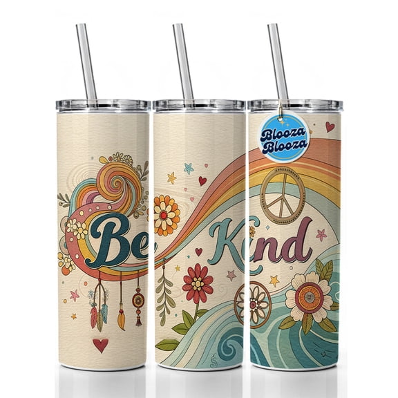 Be Kind Vintage Hippie Design 20oz Insulated Water Bottle Skinny Tumbler Includes Straw