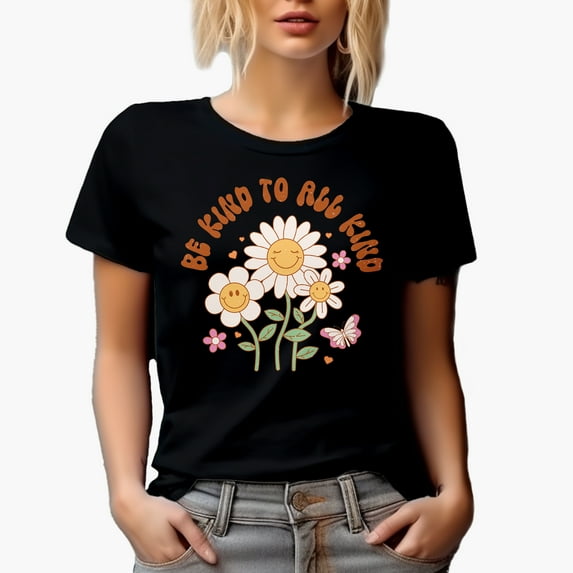 Distressed Be Kind to All Kind Quote & Retro Flowers Art Merch Gift, Black T-Shirt, 3XL