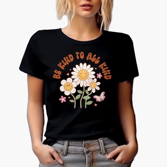 Be Kind to All Kind Quote & Retro Flowers Art Merch Gift, Black T-Shirt, Small