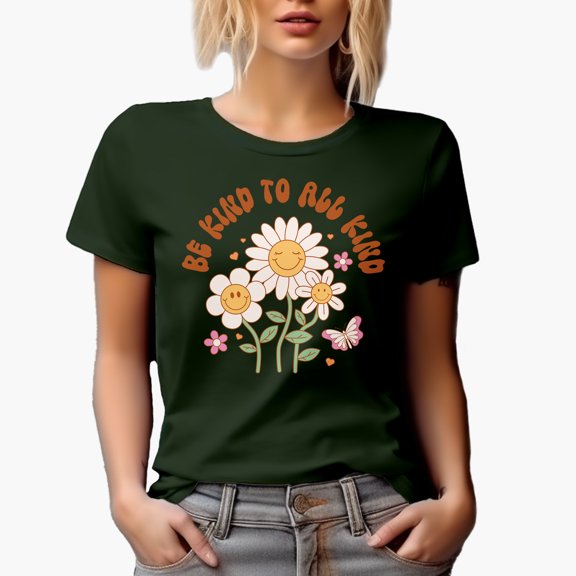 Be Kind to All Kind Quote & Retro Flowers Art Merch Gift, Military Green T-Shirt, XL