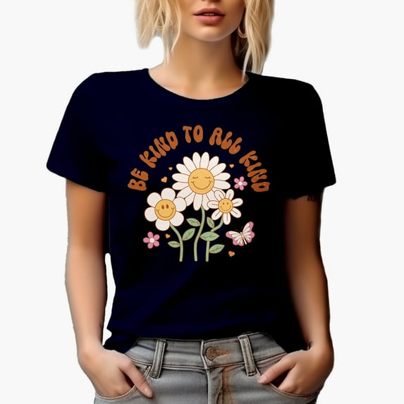 Be Kind to All Kind Quote & Retro Flowers Art Merch Gift, Navy Blue T-Shirt, Medium