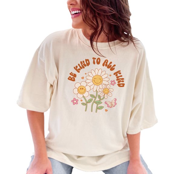 Be Kind to All Kind Quote with Retro Flowers Art, Ivory Comfort Colors T-Shirt, 2XL