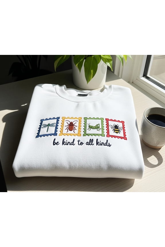 Be Kind to All Kinds Insect Embroidered Sweatshirt, Cute Bug Lover Entomology Shirt, Nature Insect Graphic Tee, Gift for Entomologists