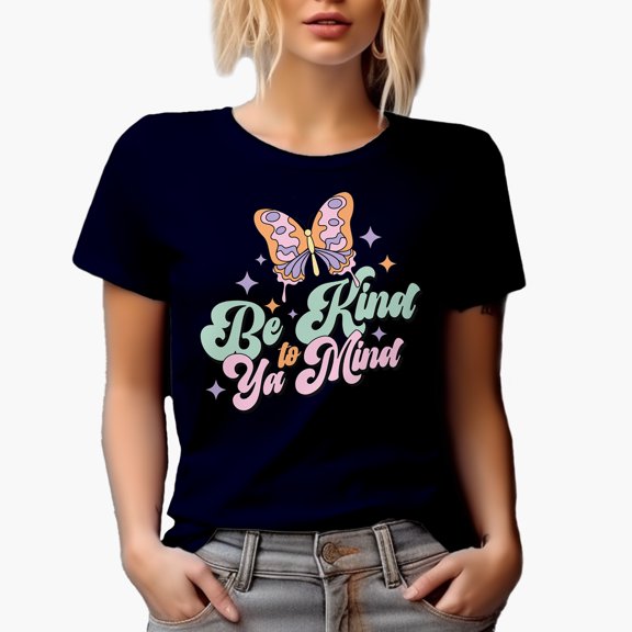 Be Kind to Ya Mind Quote & Butterfly, Mental Health Art Merch Gift, Navy Blue T-Shirt, 3XL