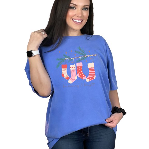 Be Merry & Bright, Hand Drawn Christmas Socks Art Merch, Flo Blue Comfort Colors T-Shirt, XL