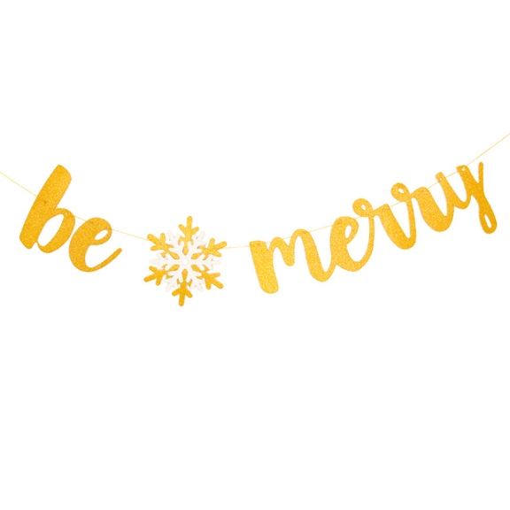 Be Merry Gold Glitter Banner, Christmas Holiday Decoration, Snowflake Garland Sign