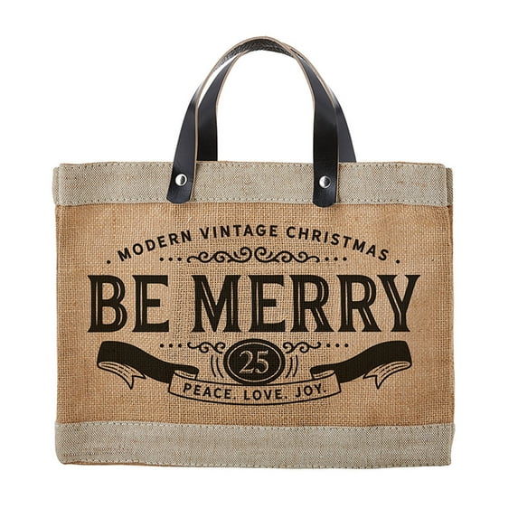 Be Merry Mini Natural Brown 13 x 10 Jute and Leather Holiday Market Tote Handbag
