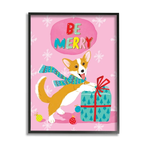 Be Merry Smiling Puppy Gift Holiday Graphic Art Black Framed Art Print Wall Art
