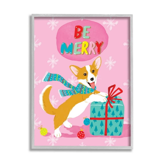 Be Merry Smiling Puppy Gift Holiday Graphic Art Gray Framed Art Print Wall Art