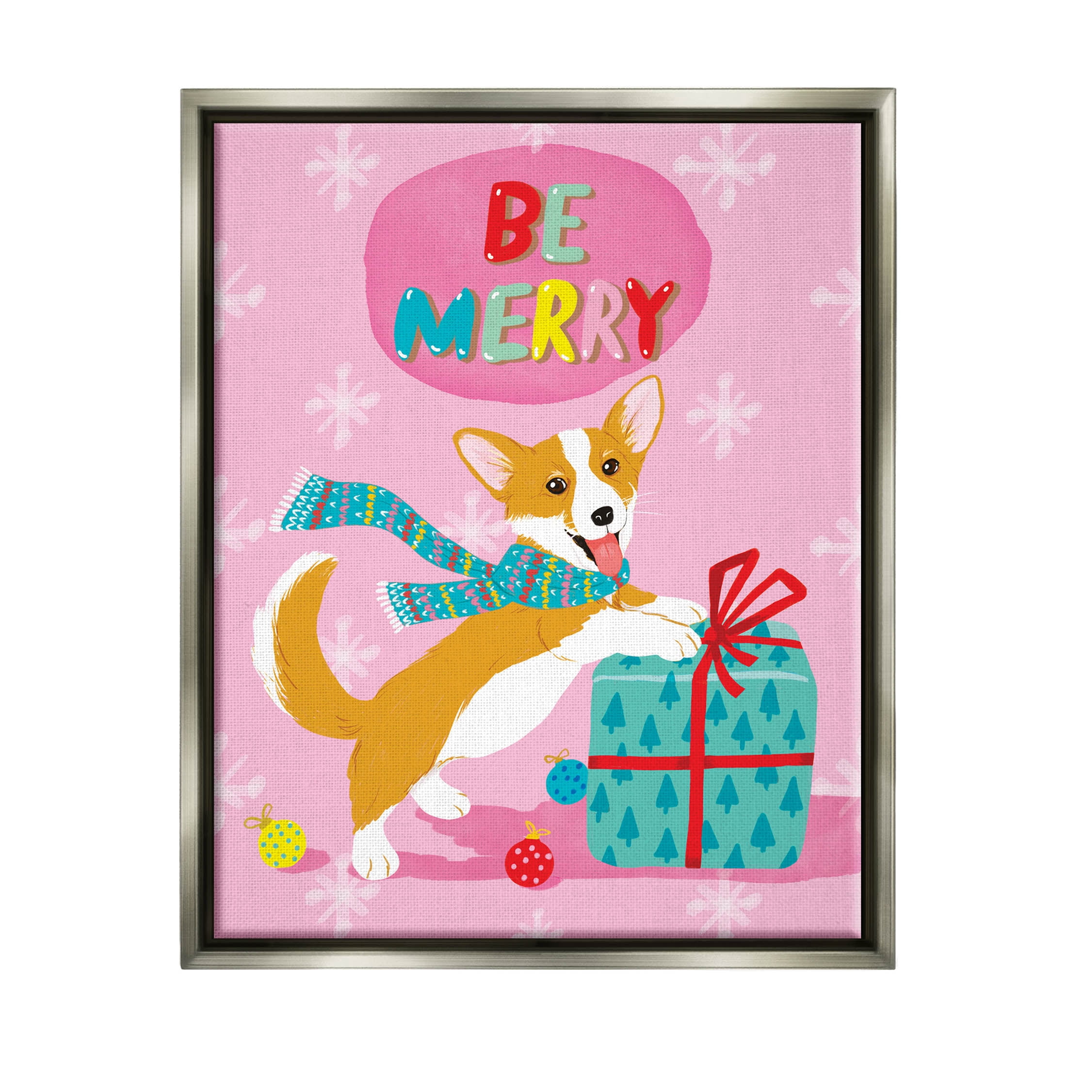 Be Merry Smiling Puppy Gift Holiday Graphic Art Luster Gray Framed Art Print Wall Art