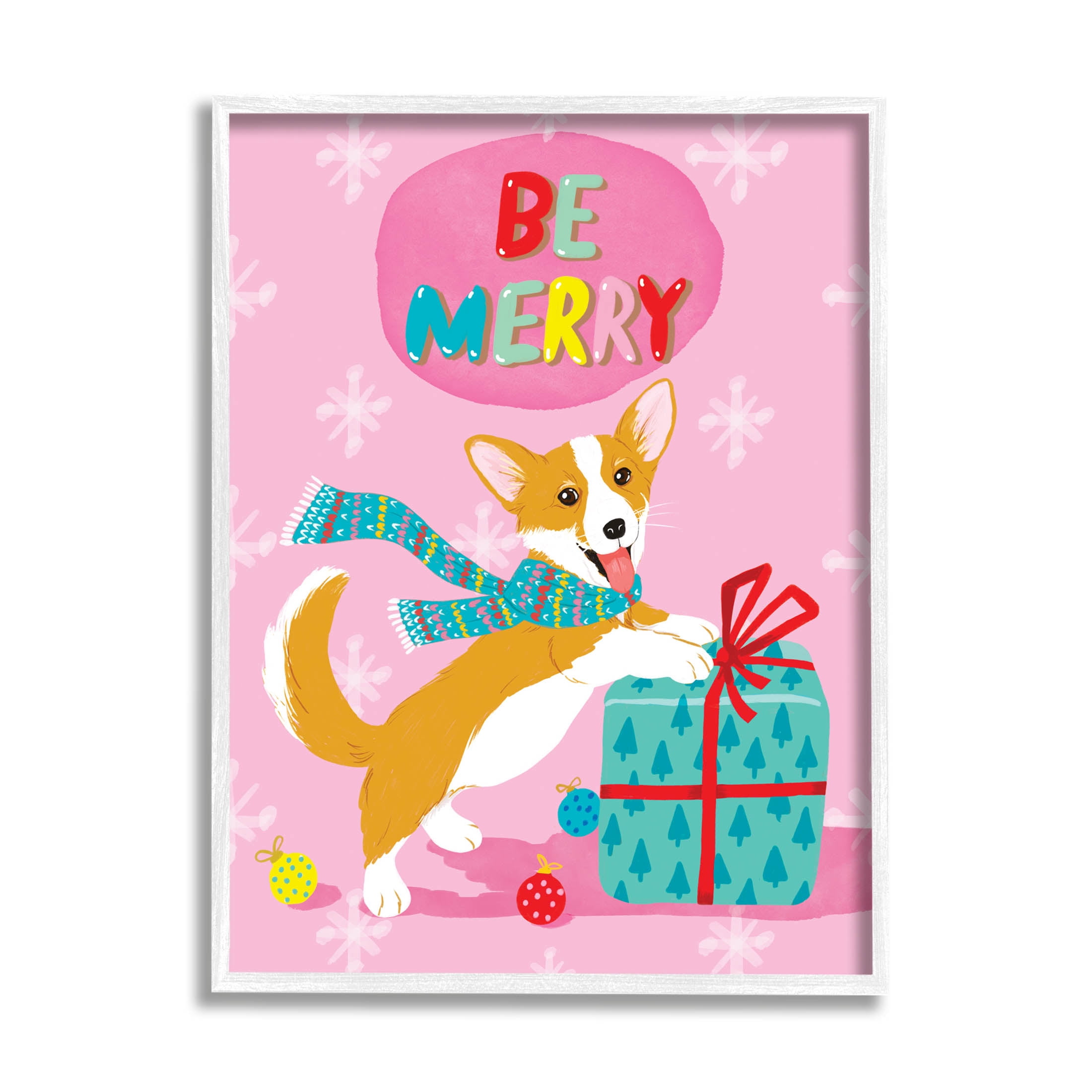Be Merry Smiling Puppy Gift Holiday Graphic Art White Framed Art Print Wall Art