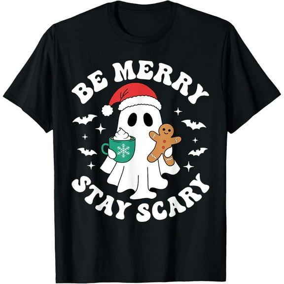 Be Merry Stay Scary Funny Santa Ghost Christmas Halloween T-Shirt tee