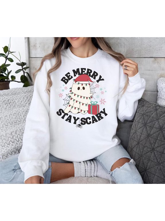 Be Merry Stay Scary Ghost Christmas Holiday Winter Apparel Sweatshirt