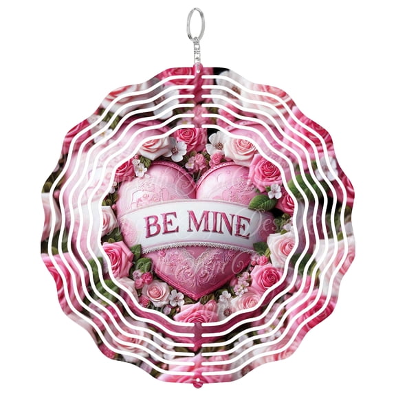 Be Mine Pink Heart 3D Wind Spinner Metal Kinetic Sculpture Valentine Romantic Decor Gift