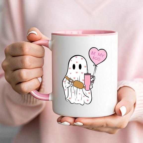Be My B1Oo Ghost Mug Pink Heart Pattern Coffee Cup Cute Ghost with Tumbler Tea Cup VaL1entine's Day Ghostie Gift