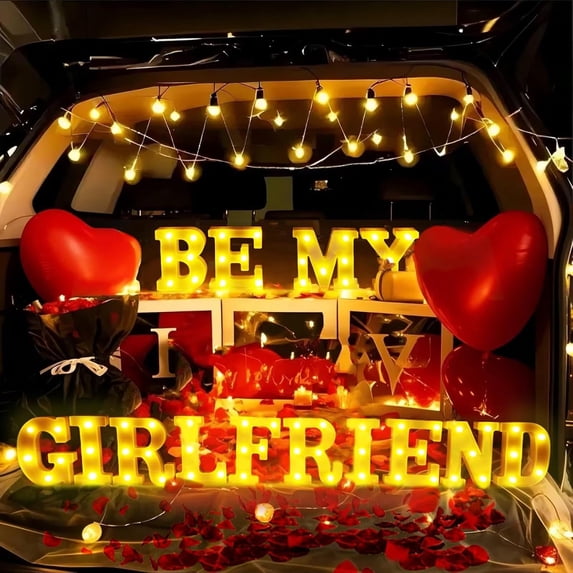 Be My Girlfriend" LED Light-Up Letters Set - 14 LED Letters & 1000 Rose Petals for Valentine's Day Proposal Decor