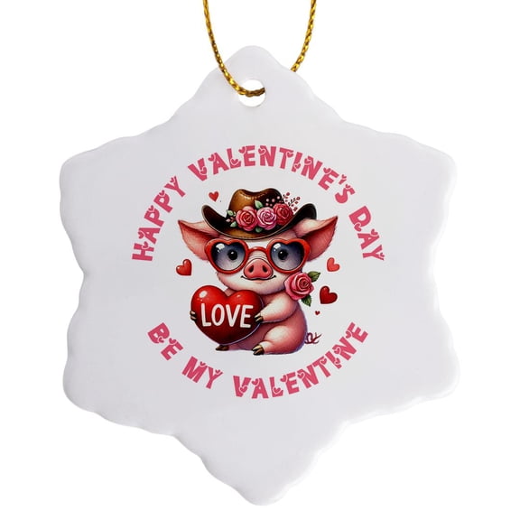 3drose, Be My Valentine and a Funny Pig with a Re Heart and a Rose Flower, 3 inch Snowflake Porcelain Ornament