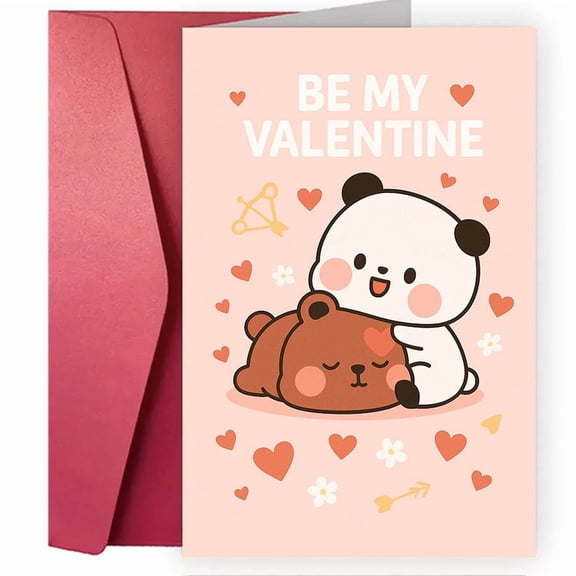 Be My Valentine Card Cute Pandas Design with Hearts Envelope Included, Blank Inside Perfect for Romantic Gifts to Loved Ones on Valentines Day