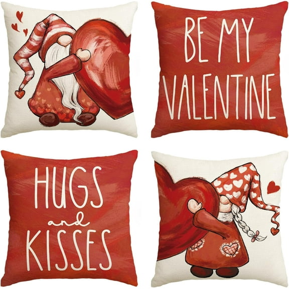 Be My Valentine Hugs and Kisses Gnomes Throw Pillow Covers, 18 x 18 Inch Red Wedding Cushion Case Decoration for Sofa Couch Set of 4