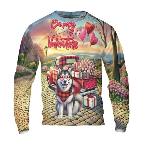 Be My Valentine's Alaskan Malamute Truck Full of Love Flower Balloon All Over Print 3D Sweatshirt Unisex Merch Alaska Mal Dog Lovers Gifts - 02029