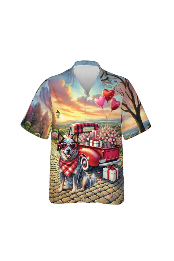 Be My Valentine's Australian Cattle Dog Truck Full of Love Flower Balloon Hawaiian Shirt Breathable Summer Unisex Merch Heeler Lover Gifts - 02029