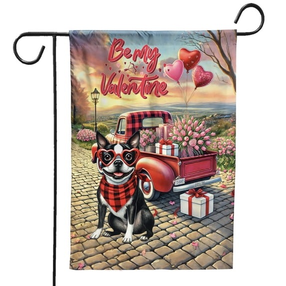 Be My Valentine's Boston Terrier Truck Full of Love Flower Balloon Garden Flag 12x18in Double Sided Gentleman Dog Lover Gifts Outdoor Decor - 02029