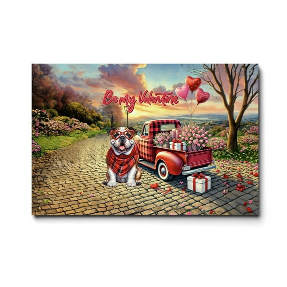 Be My Valentine's Bulldog Truck Full of Love Flower Balloon Horizontal Matte Canvas Poster Dog Lover Gifts Idea Wall Art Home Decor - 02029