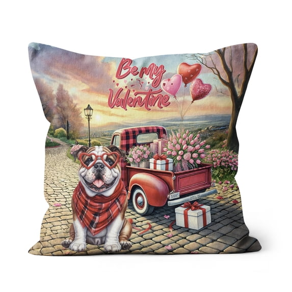 Be My Valentine's Bulldog Truck Full of Love Flower Balloon Pillow Cushion Double Sided Dog Lover Gifts Idea Throw Pillow - 02029